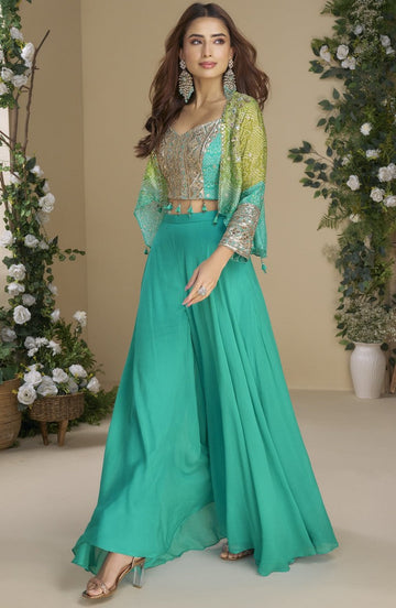 Divine Turquoise Color Chinon Fabric Plazzo Suit