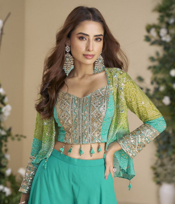Divine Turquoise Color Chinon Fabric Plazzo Suit