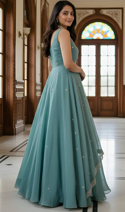 Striking Turquoise Color Satin Fabric Gown