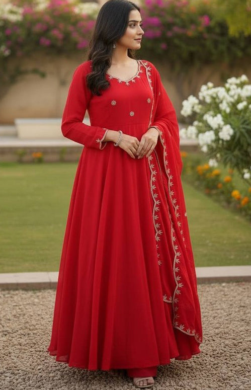 Striking Red Color Vichitra Fabric Gown