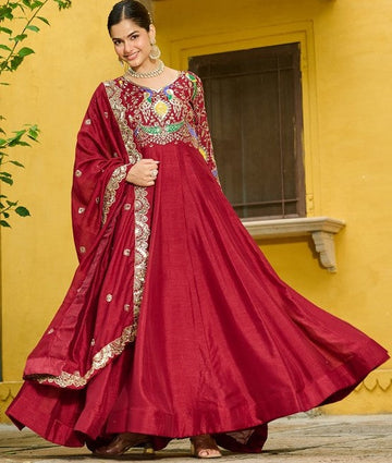 Striking Maroon Color Vichitra Fabric Gown