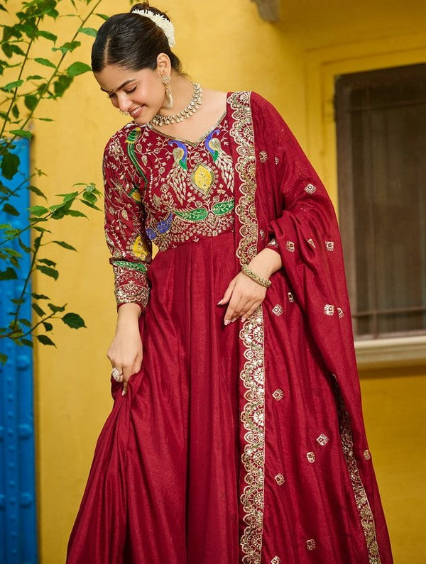 Striking Maroon Color Vichitra Fabric Gown