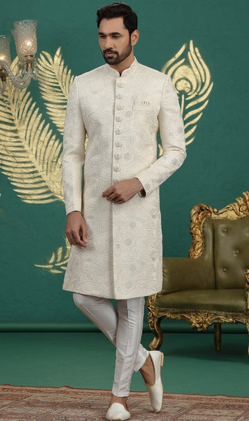 Pleasing Cream Color Art Silk Fabric Sherwani