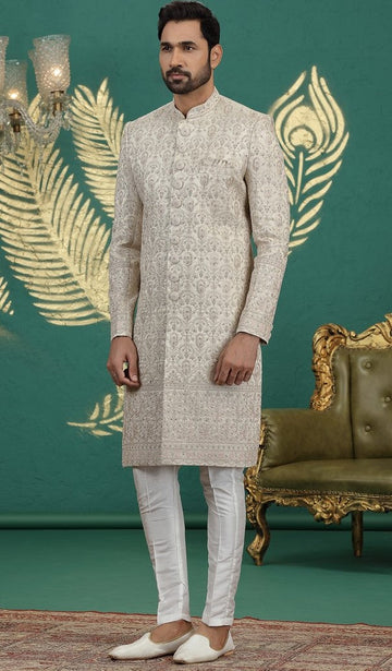 Pleasing Beige Color Art Silk Fabric Sherwani