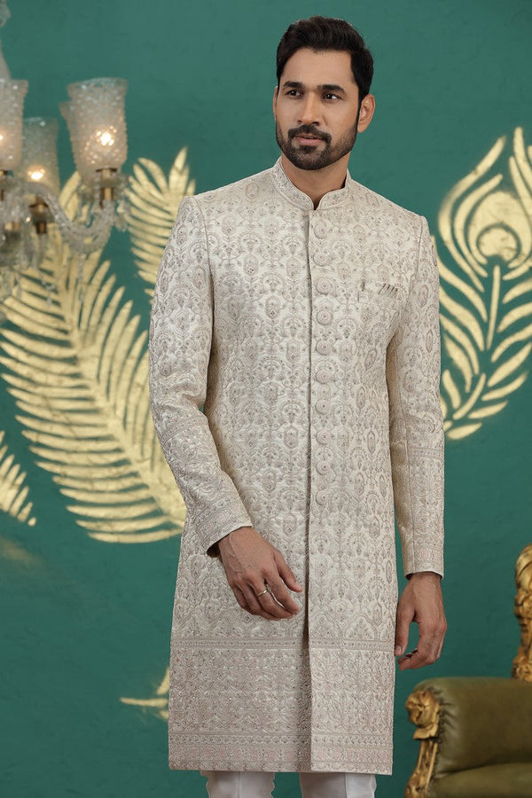 Pleasing Beige Color Art Silk Fabric Sherwani