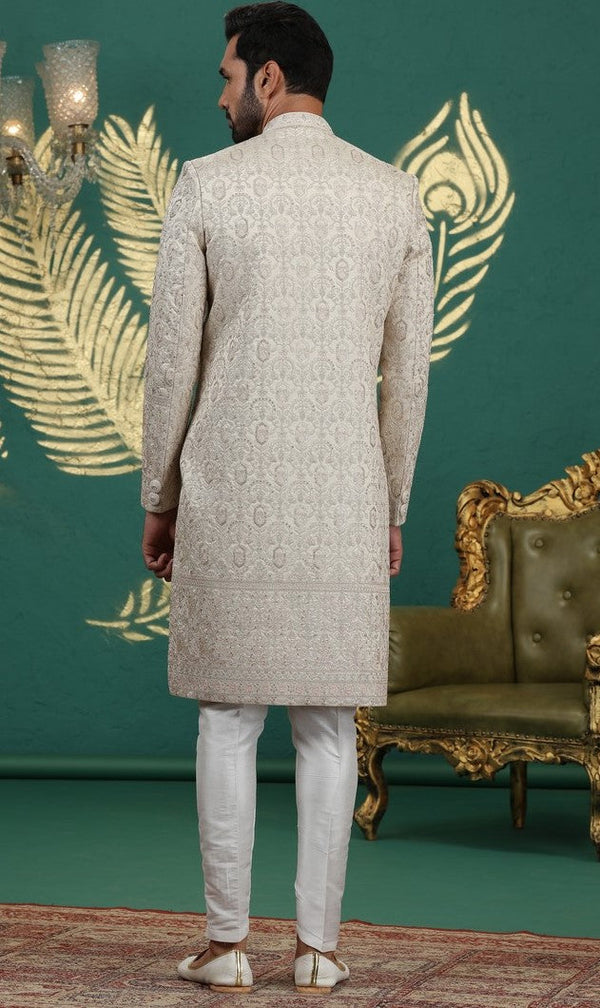 Pleasing Beige Color Art Silk Fabric Sherwani