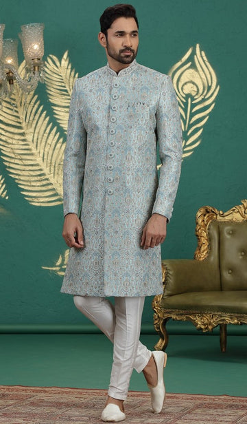 Pleasing Aqua Color Art Silk Fabric Sherwani