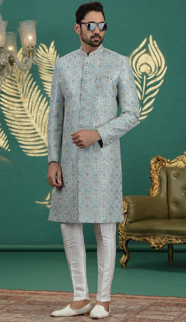 Pleasing Aqua Color Art Silk Fabric Sherwani