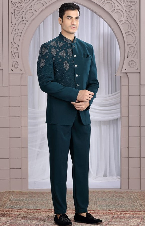 Amazing Teal Color Imported Fabric Mens Indowestern