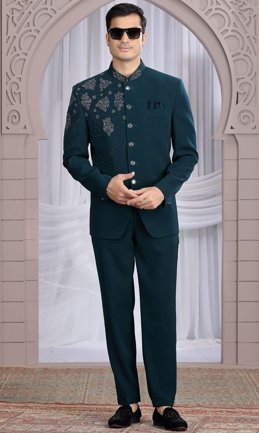 Amazing Teal Color Imported Fabric Mens Indowestern