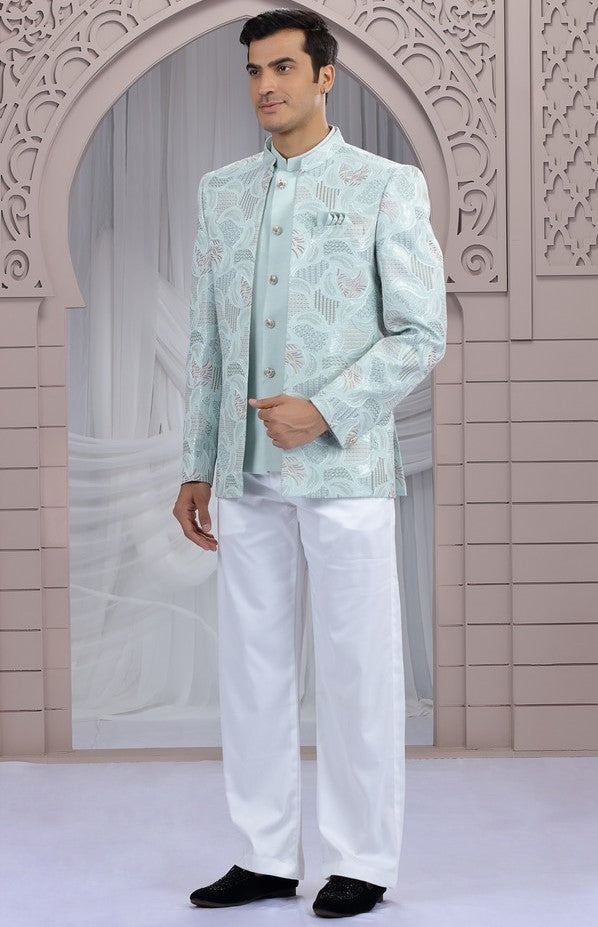 Amazing Aqua Color Imported Fabric Mens Indowestern