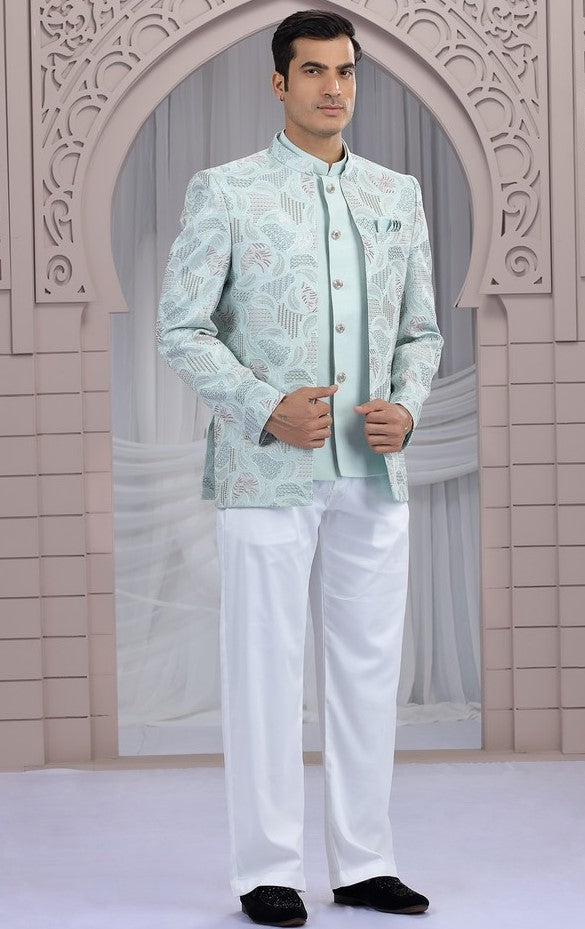 Amazing Aqua Color Imported Fabric Mens Indowestern