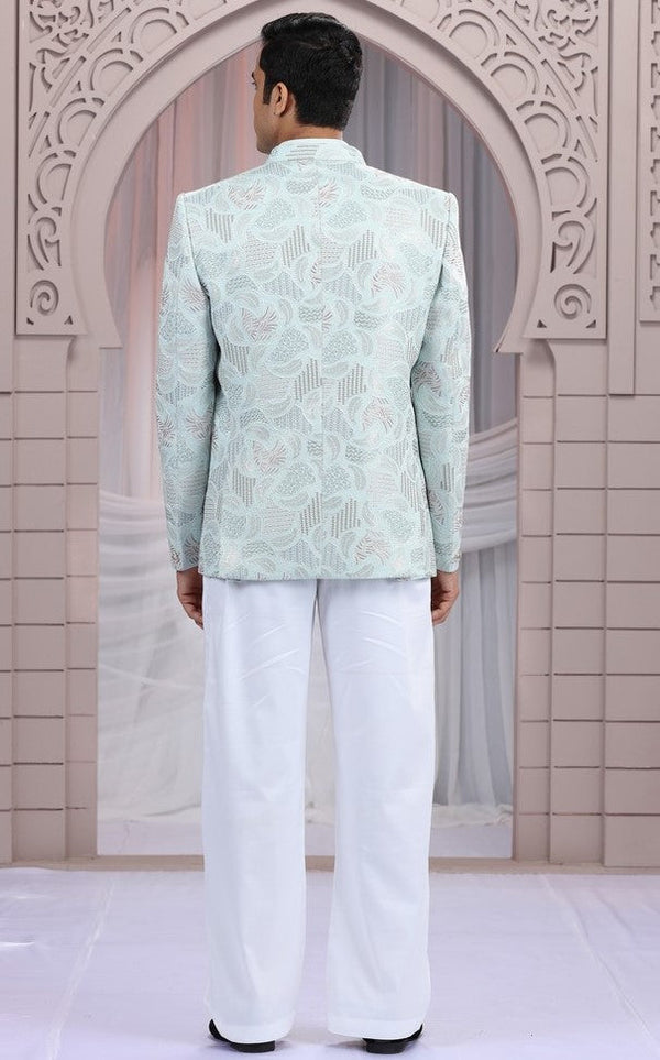 Amazing Aqua Color Imported Fabric Mens Indowestern