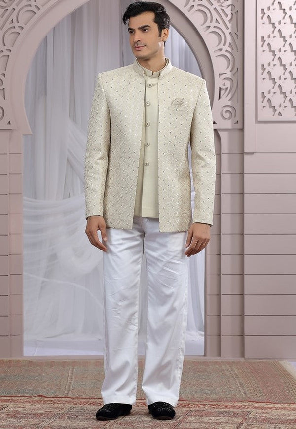 Amazing Beige Color Imported Fabric Mens Indowestern