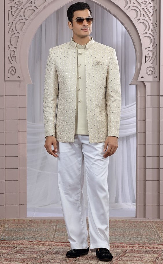 Amazing Beige Color Imported Fabric Mens Indowestern