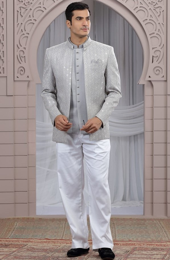 Amazing Grey Color Imported Fabric Mens Indowestern