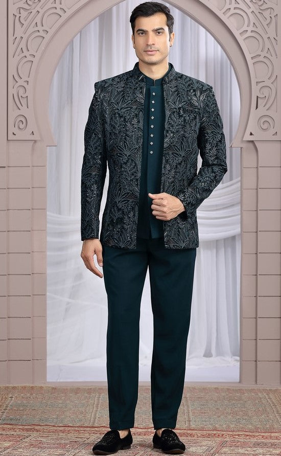 Amazing Teal Color Imported Fabric Mens Indowestern