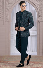 Amazing Teal Color Imported Fabric Mens Indowestern