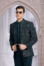 Amazing Teal Color Imported Fabric Mens Indowestern