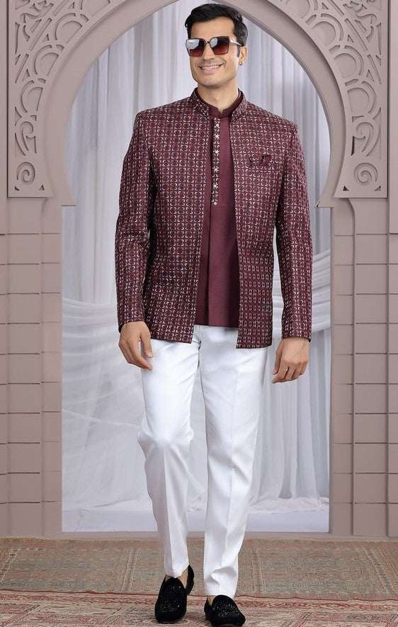 Amazing Wine Color Imported Fabric Mens Indowestern
