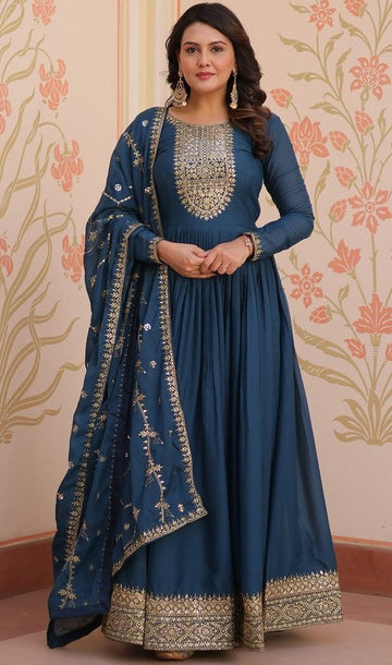 Striking Teal Color Georgette Fabric Gown