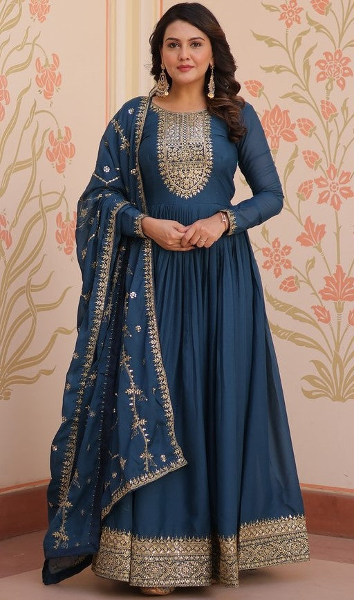 Striking Teal Color Georgette Fabric Gown