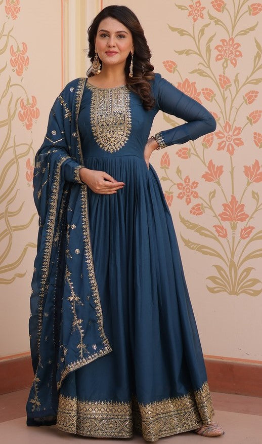 Striking Teal Color Georgette Fabric Gown