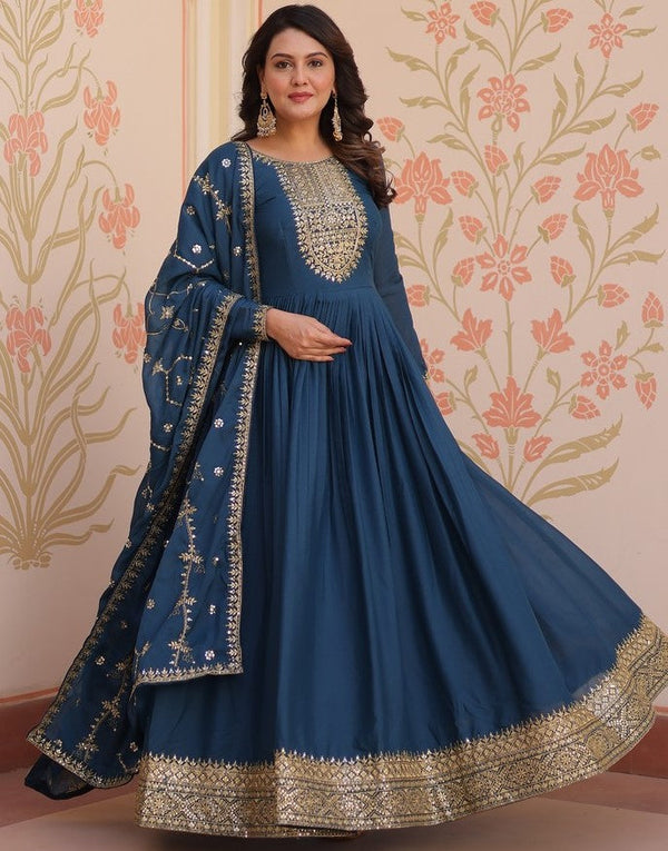 Striking Teal Color Georgette Fabric Gown
