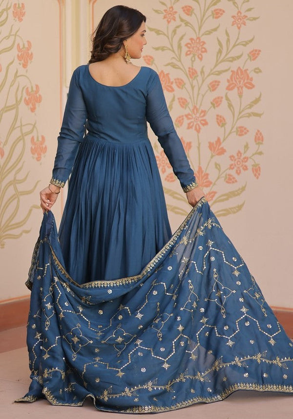 Striking Teal Color Georgette Fabric Gown