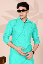 Amazing Turquoise Color Cotton Fabric Kurta Pajama