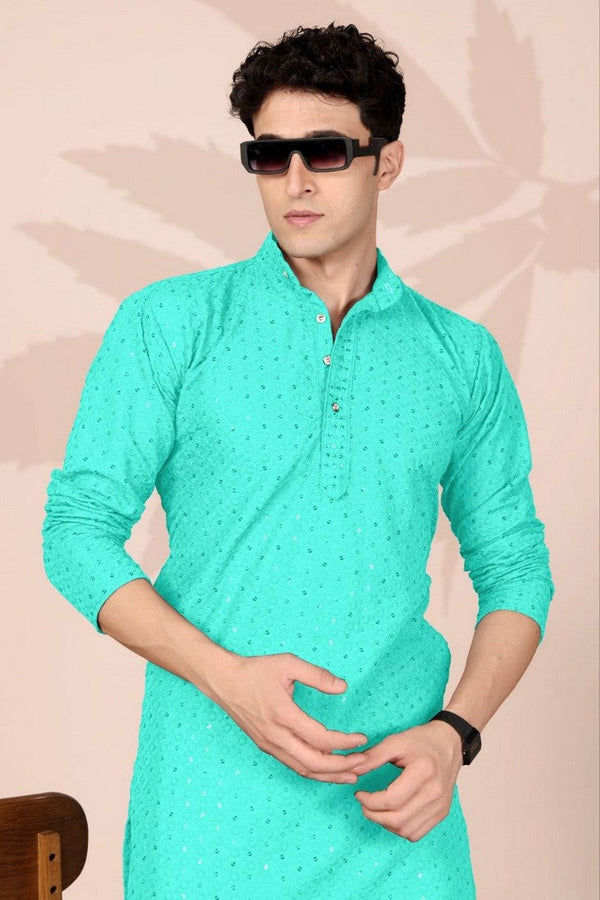 Amazing Turquoise Color Cotton Fabric Kurta Pajama