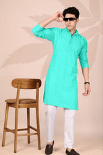 Amazing Turquoise Color Cotton Fabric Kurta Pajama