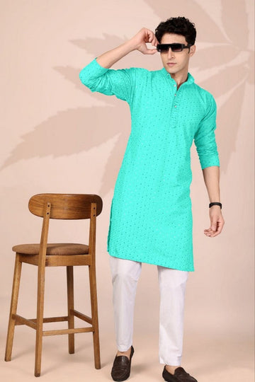 Amazing Turquoise Color Cotton Fabric Kurta Pajama