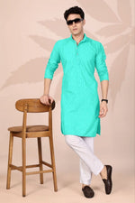 Amazing Turquoise Color Cotton Fabric Kurta Pajama