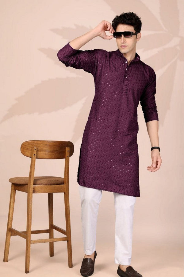 Amazing Wine Color Cotton Fabric Kurta Pajama