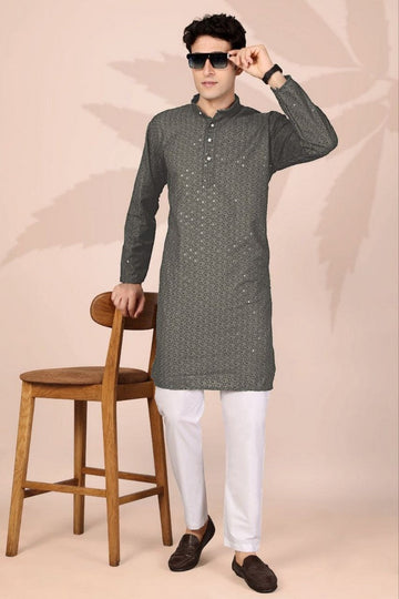 Amazing Grey Color Cotton Fabric Kurta Pajama
