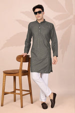 Amazing Grey Color Cotton Fabric Kurta Pajama