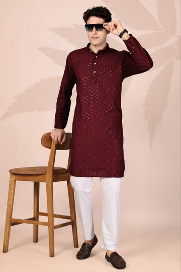 Amazing Maroon Color Cotton Fabric Kurta Pajama
