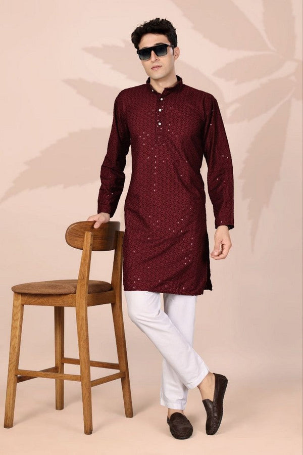 Amazing Maroon Color Cotton Fabric Kurta Pajama