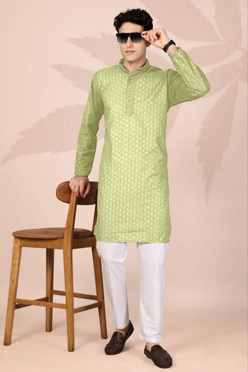 Amazing Green Color Cotton Fabric Kurta Pajama