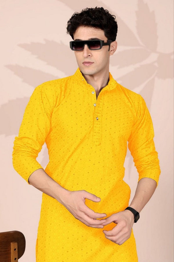 Amazing Yellow Color Cotton Fabric Kurta Pajama