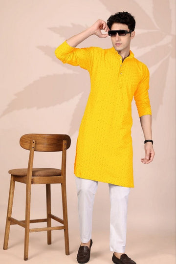 Amazing Yellow Color Cotton Fabric Kurta Pajama