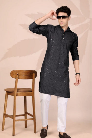 Amazing Black Color Cotton Fabric Kurta Pajama