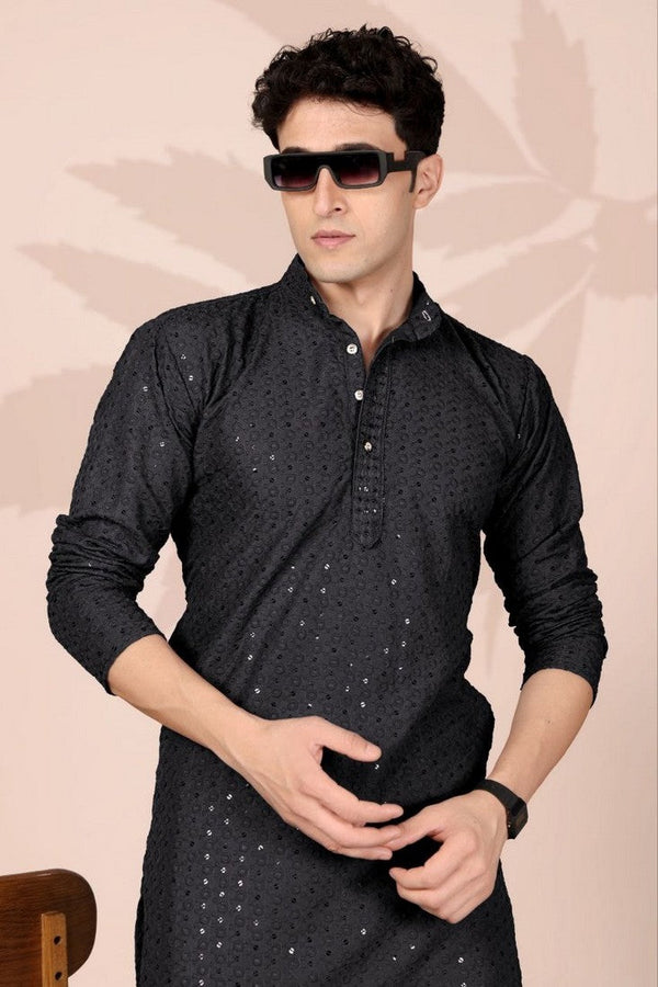 Amazing Black Color Cotton Fabric Kurta Pajama