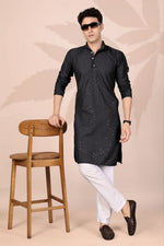 Amazing Black Color Cotton Fabric Kurta Pajama