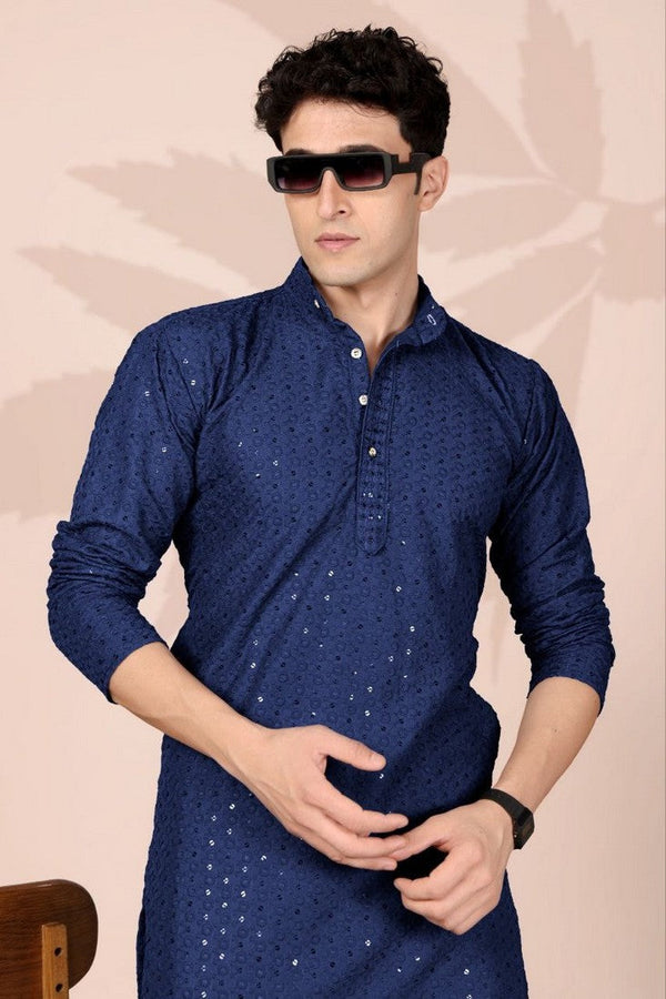 Amazing Navy Blue Color Cotton Fabric Kurta Pajama