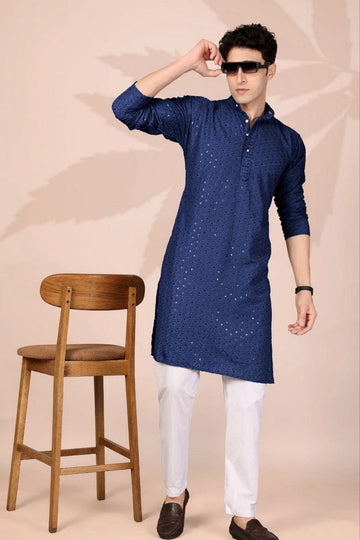 Amazing Navy Blue Color Cotton Fabric Kurta Pajama