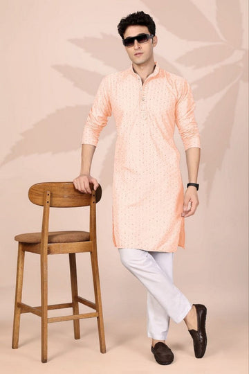Amazing Peach Color Cotton Fabric Kurta Pajama