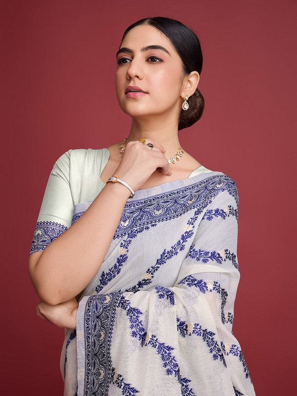 Amazing White Color Cotton Fabric Casual Saree