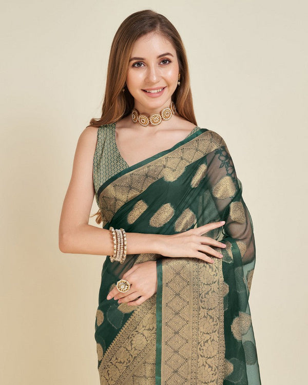 Superb Green Color Organza Fabric Partywear Saree